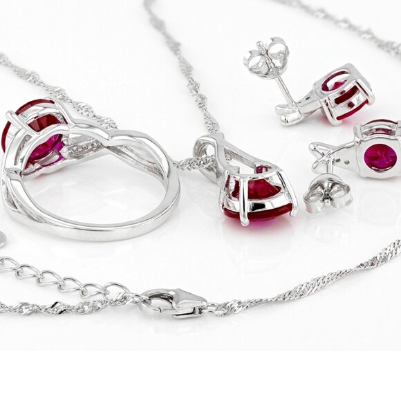 Red Lab Created Ruby Rhodium Over Sterling Silver Jewelry Set 9.67ctw - Picture 2 of 13
